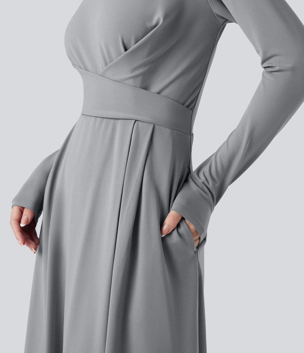 Mock Neck Long Sleeve Midi Work Dress with Pockets — Ultimate Gray — view 4