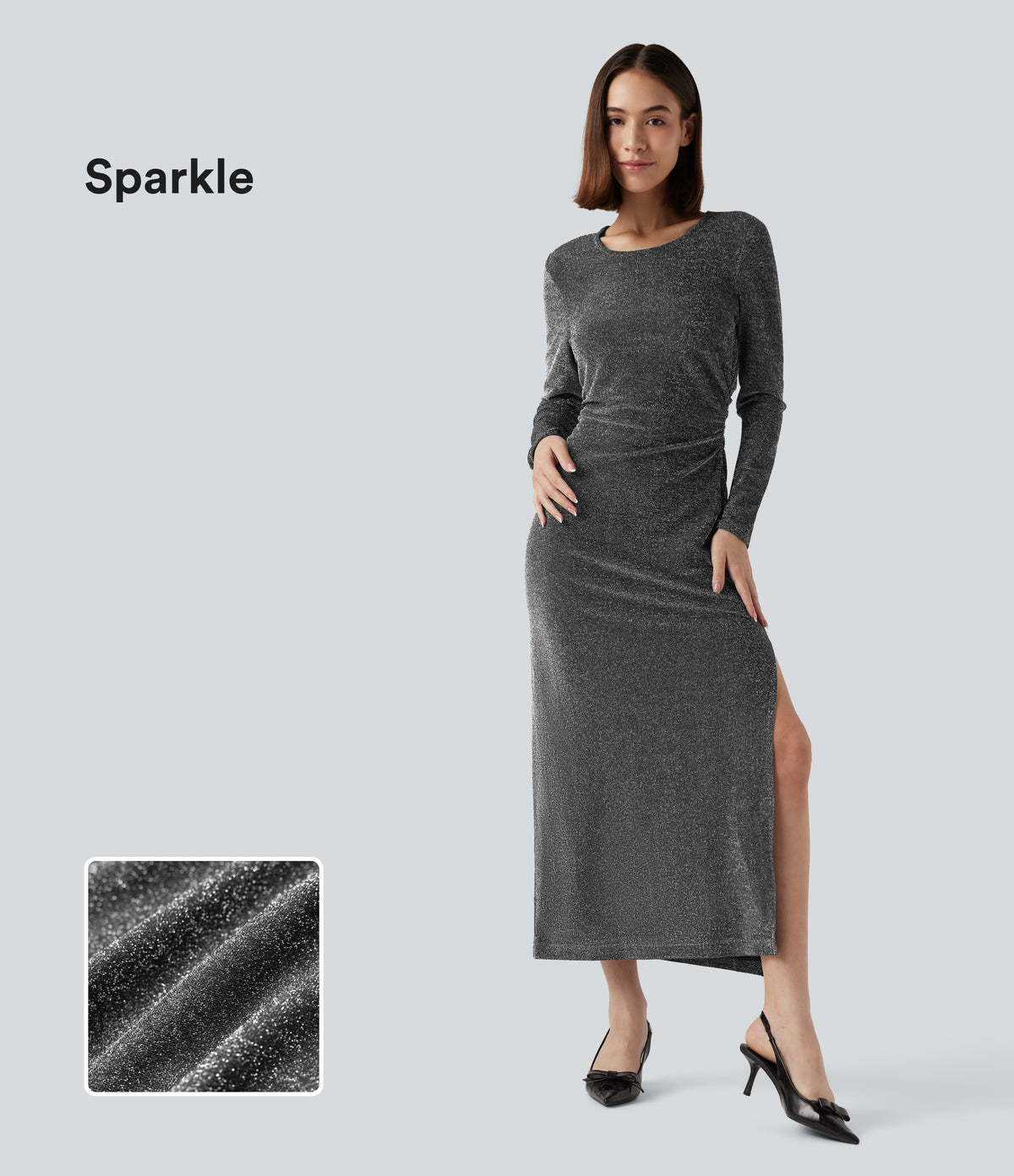 Tie Back Cut-out Long Sleeve Split Hem Midi Sparkle Party Dress — Shiny Silver Black — view 1