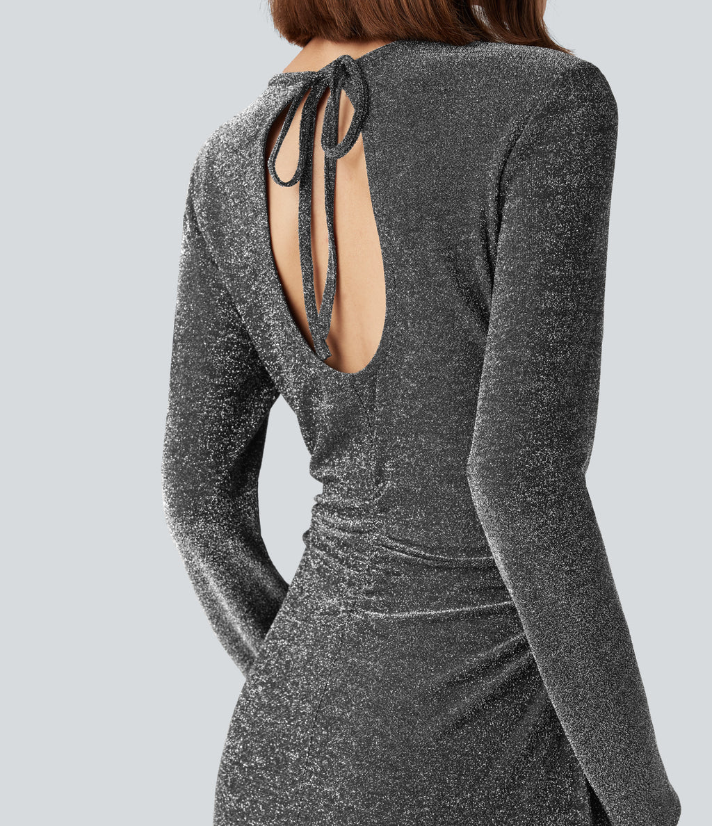 Tie Back Cut-out Long Sleeve Split Hem Midi Sparkle Party Dress — Shiny Silver Black — view 5