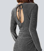 Tie Back Cut-out Long Sleeve Split Hem Midi Sparkle Party Dress — Shiny Silver Black — view 5