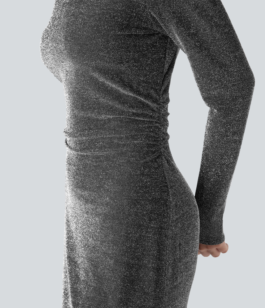 Tie Back Cut-out Long Sleeve Split Hem Midi Sparkle Party Dress — Shiny Silver Black — view 4