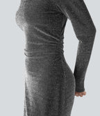 Tie Back Cut-out Long Sleeve Split Hem Midi Sparkle Party Dress — Shiny Silver Black — view 4