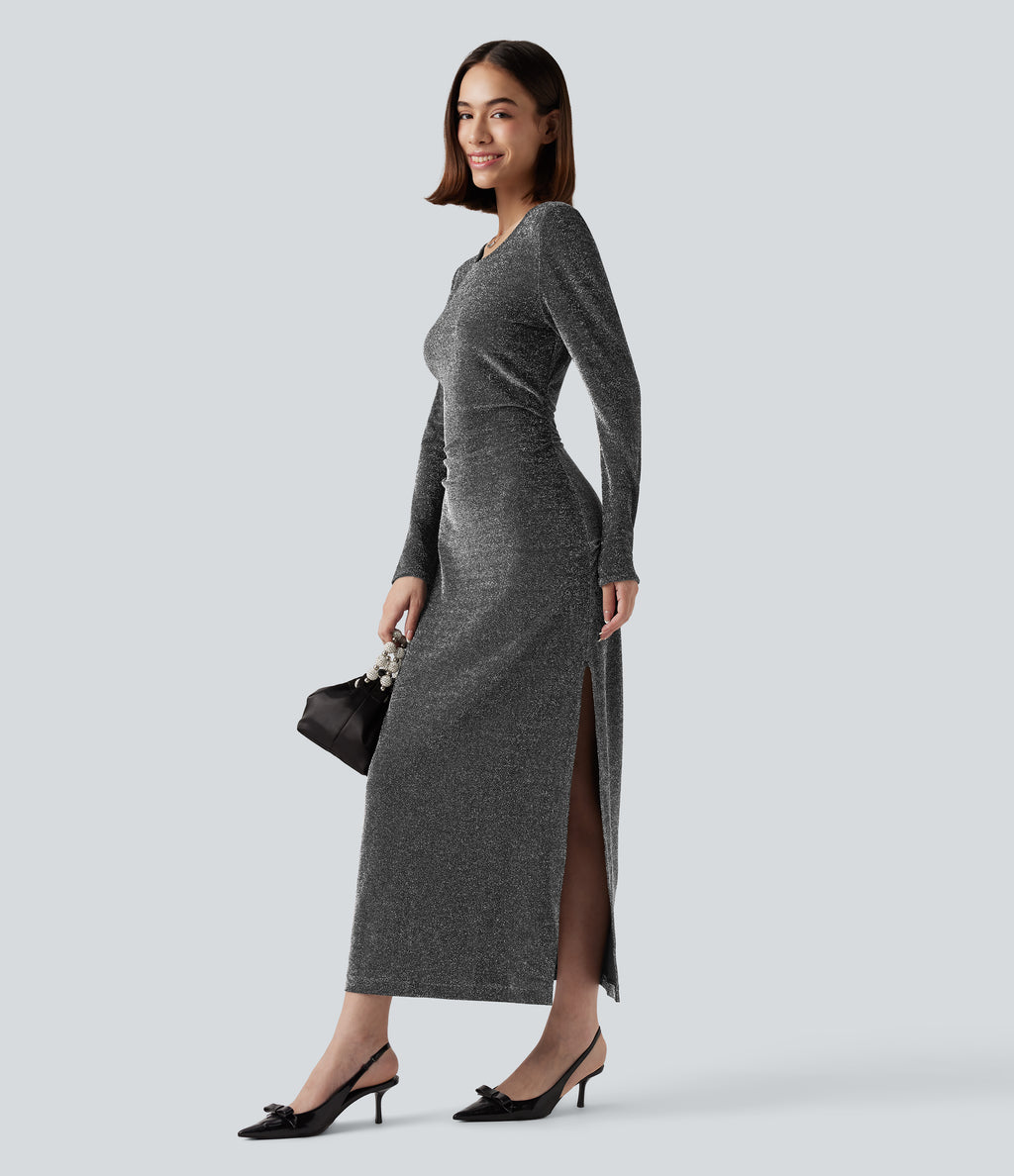 Tie Back Cut-out Long Sleeve Split Hem Midi Sparkle Party Dress — Shiny Silver Black — view 6