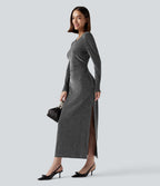 Tie Back Cut-out Long Sleeve Split Hem Midi Sparkle Party Dress — Shiny Silver Black — view 6