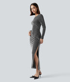 Tie Back Cut-out Long Sleeve Split Hem Midi Sparkle Party Dress — Shiny Silver Black — view 3