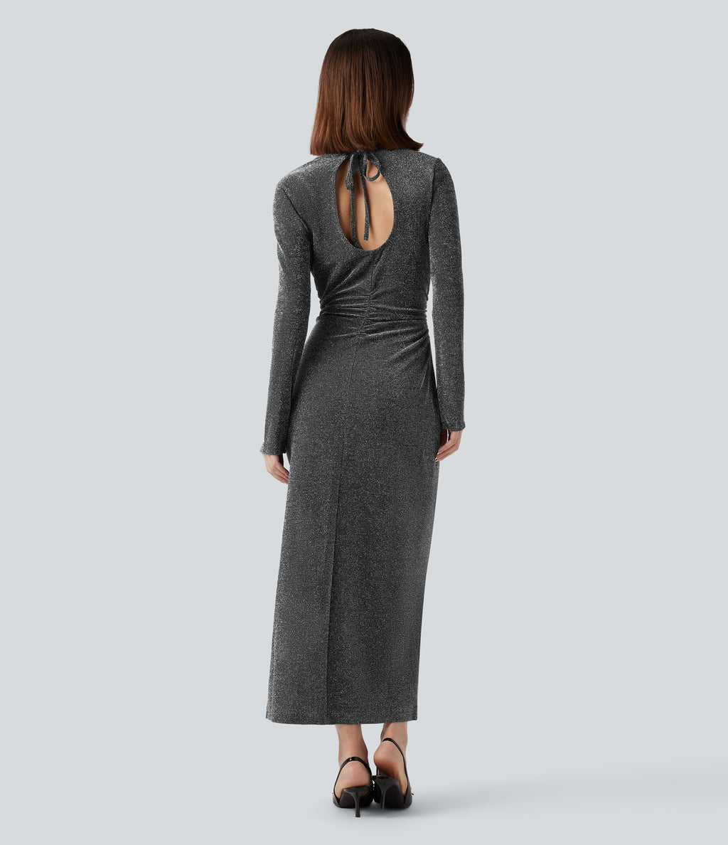 Tie Back Cut-out Long Sleeve Split Hem Midi Sparkle Party Dress — Shiny Silver Black — view 2