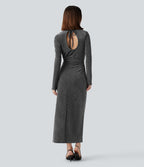 Tie Back Cut-out Long Sleeve Split Hem Midi Sparkle Party Dress — Shiny Silver Black — view 2