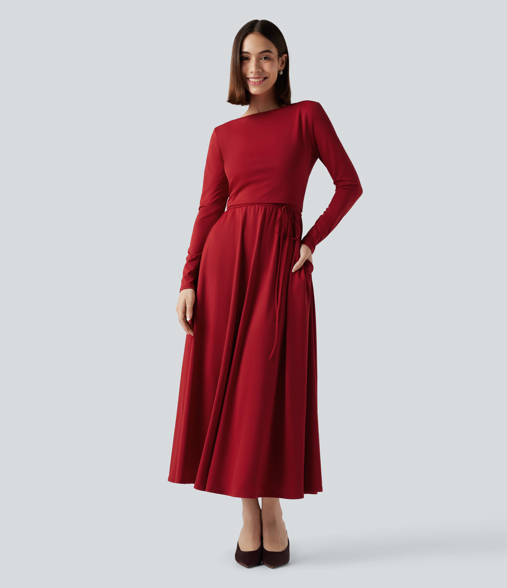 Long Sleeve Wrapped Tie Back 2-Piece Midi Dress with Pockets — Emboldened — view 2
