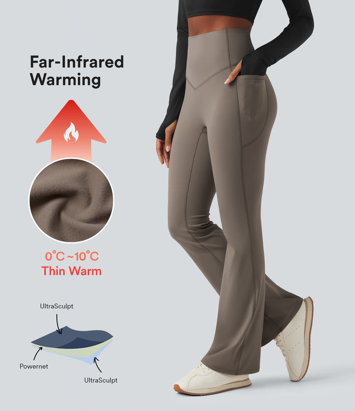 Heat High Waisted Tummy Control Fleece Shaping Yoga Bootcut Leggings with Pockets — Walnut — view 1
