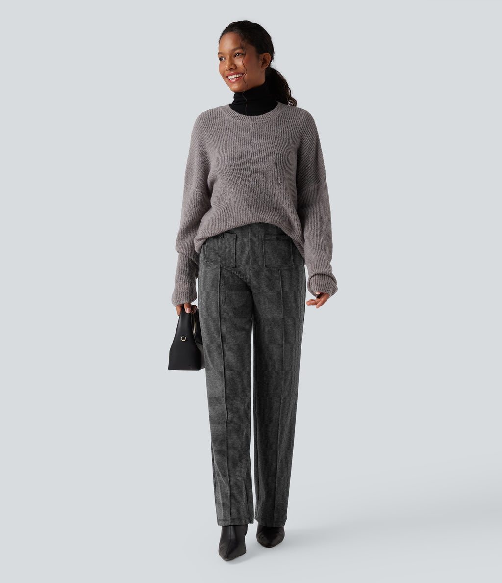 High Waisted Straight Leg Houndstooth Work Trousers with Pockets — Shadow Knit — view 6