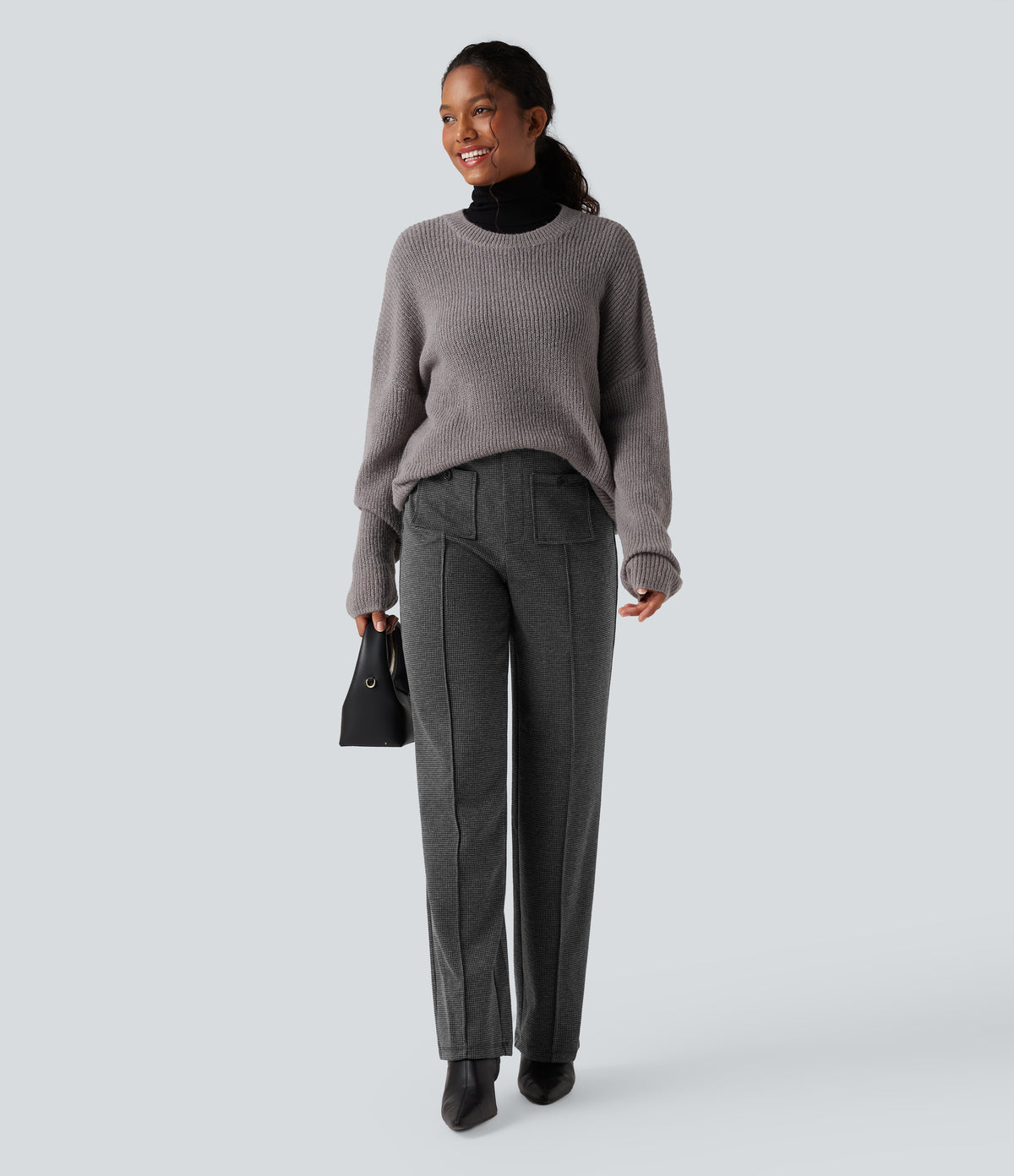 High Waisted Straight Leg Houndstooth Work Trousers with Pockets — Shadow Knit — view 6