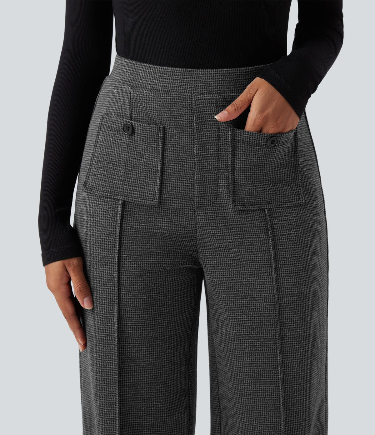 High Waisted Straight Leg Houndstooth Work Trousers with Pockets — Shadow Knit — view 5