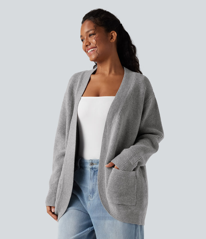Open Front Long Sleeve Casual Cardigan with Pockets — Opal Gray — view 1
