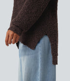 V Neck Long Sleeve High Low Casual Jumper — French Roast — view 5