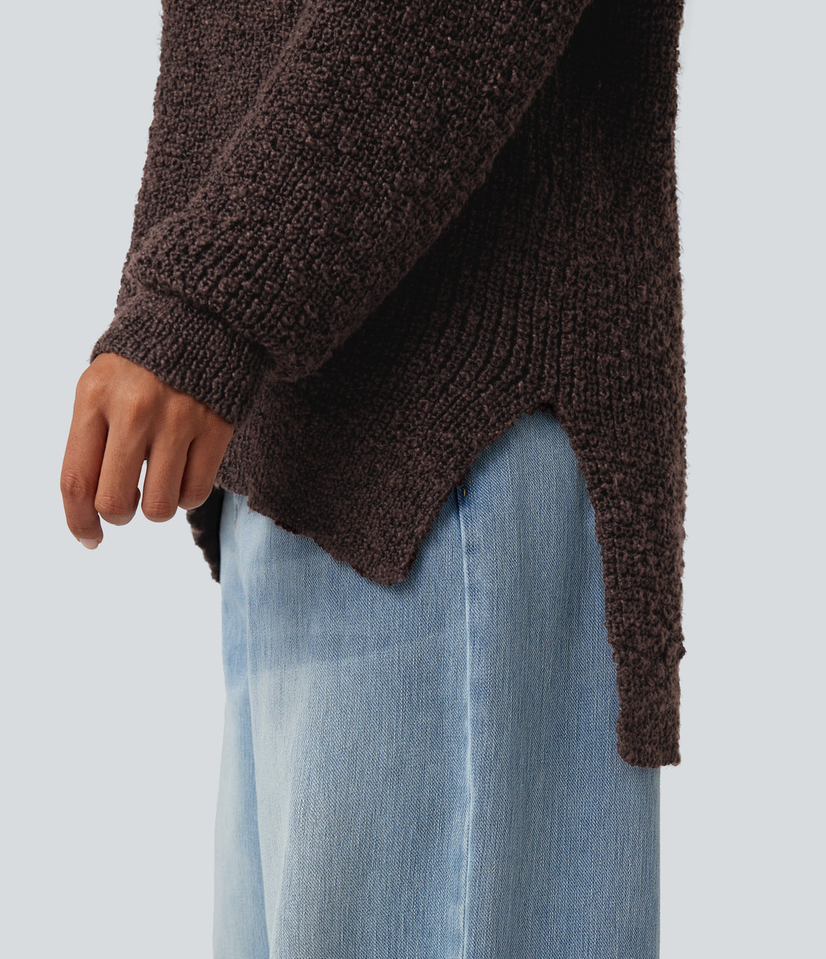 V Neck Long Sleeve High Low Casual Jumper — French Roast — view 5