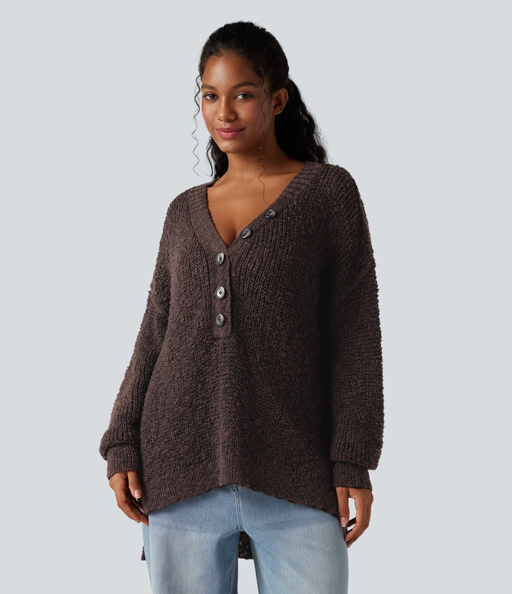 V Neck Long Sleeve High Low Casual Jumper — French Roast — view 1