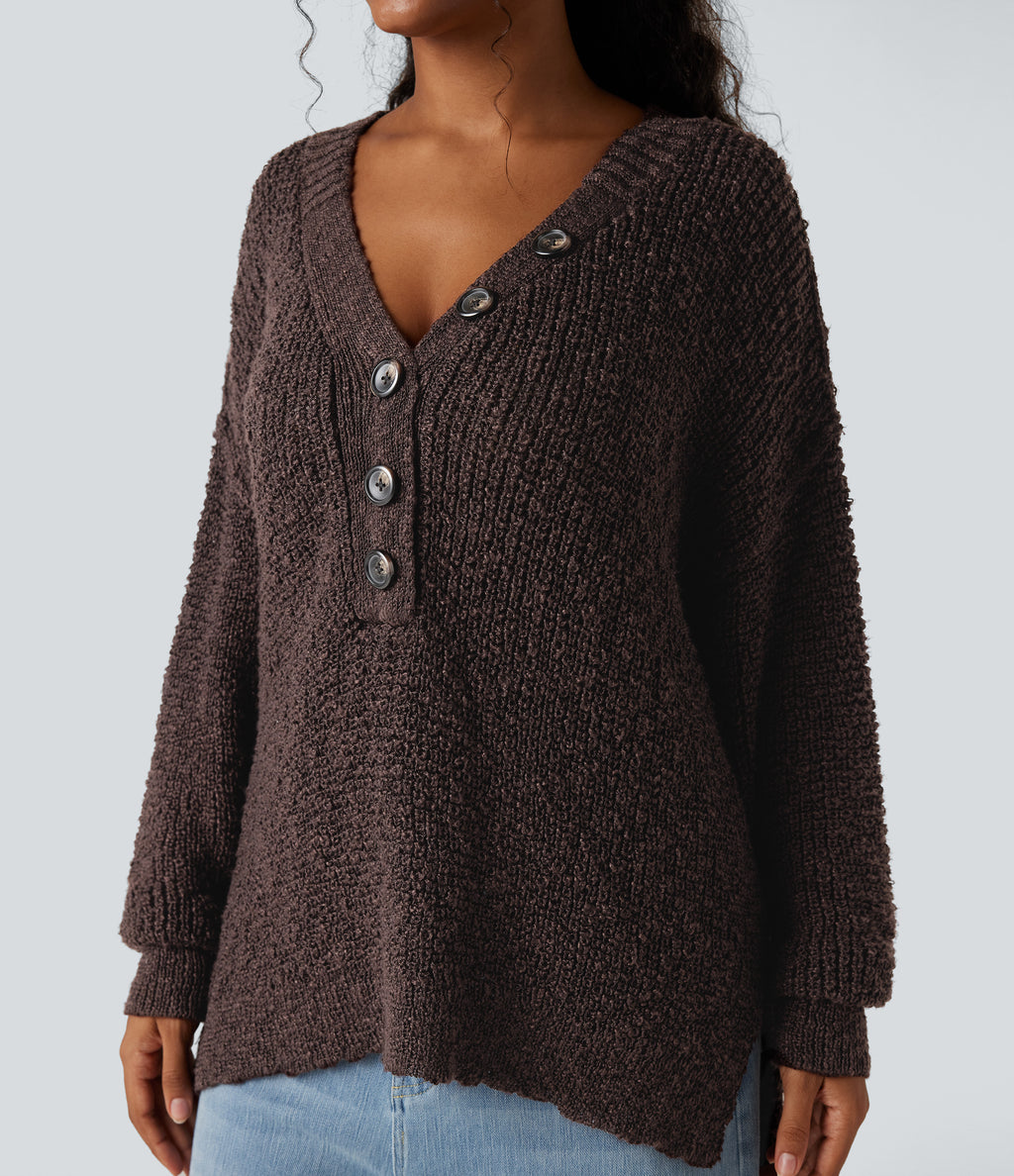V Neck Long Sleeve High Low Casual Jumper — French Roast — view 4