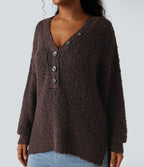 V Neck Long Sleeve High Low Casual Jumper — French Roast — view 4