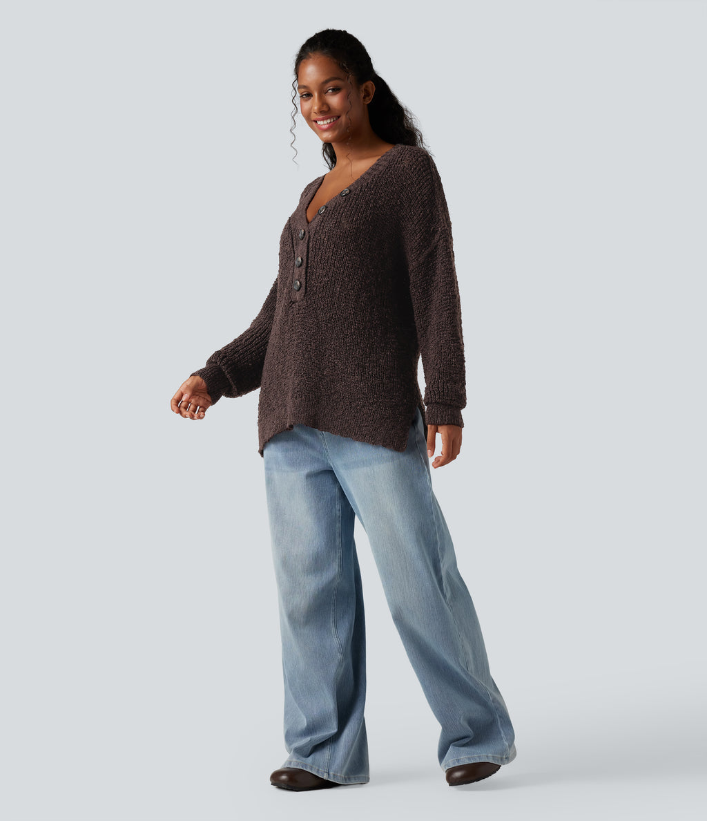 V Neck Long Sleeve High Low Casual Jumper — French Roast — view 6