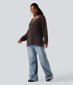 V Neck Long Sleeve High Low Casual Jumper — French Roast — view 6