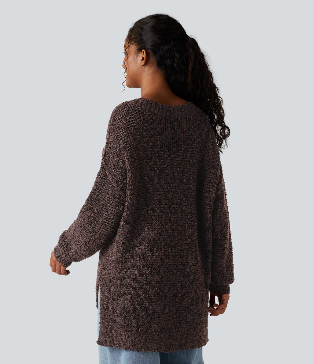 V Neck Long Sleeve High Low Casual Jumper — French Roast — view 2