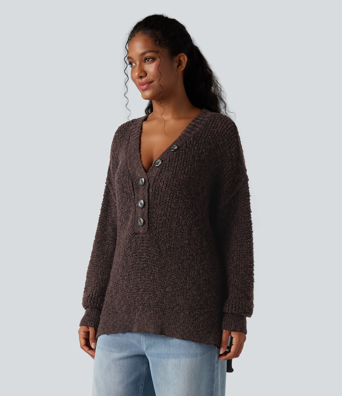 V Neck Long Sleeve High Low Casual Jumper — French Roast — view 3