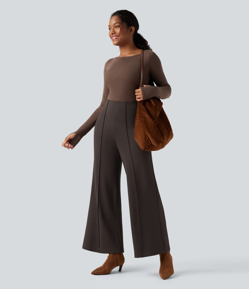 Wear-Resistant High Waisted Ponte Roma Work Baggy Flared Trousers — After Dark — view 6
