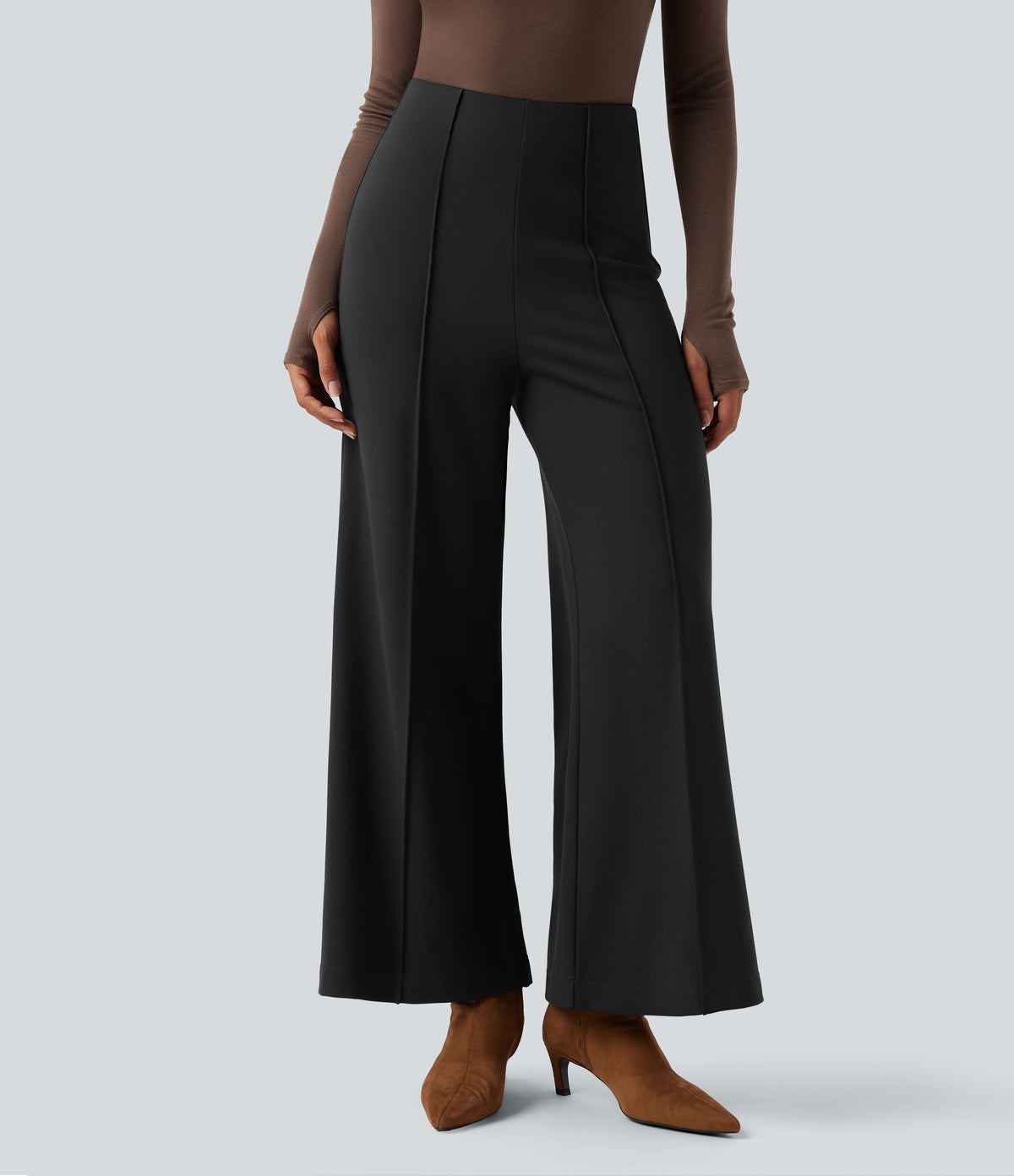 Wear-Resistant High Waisted Ponte Roma Work Baggy Flared Trousers — Black — view 8