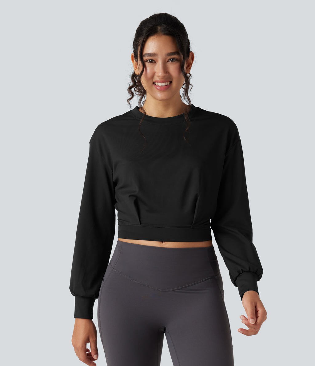 Round Neck Long Sleeve Cropped Yoga Top — Black — view 2
