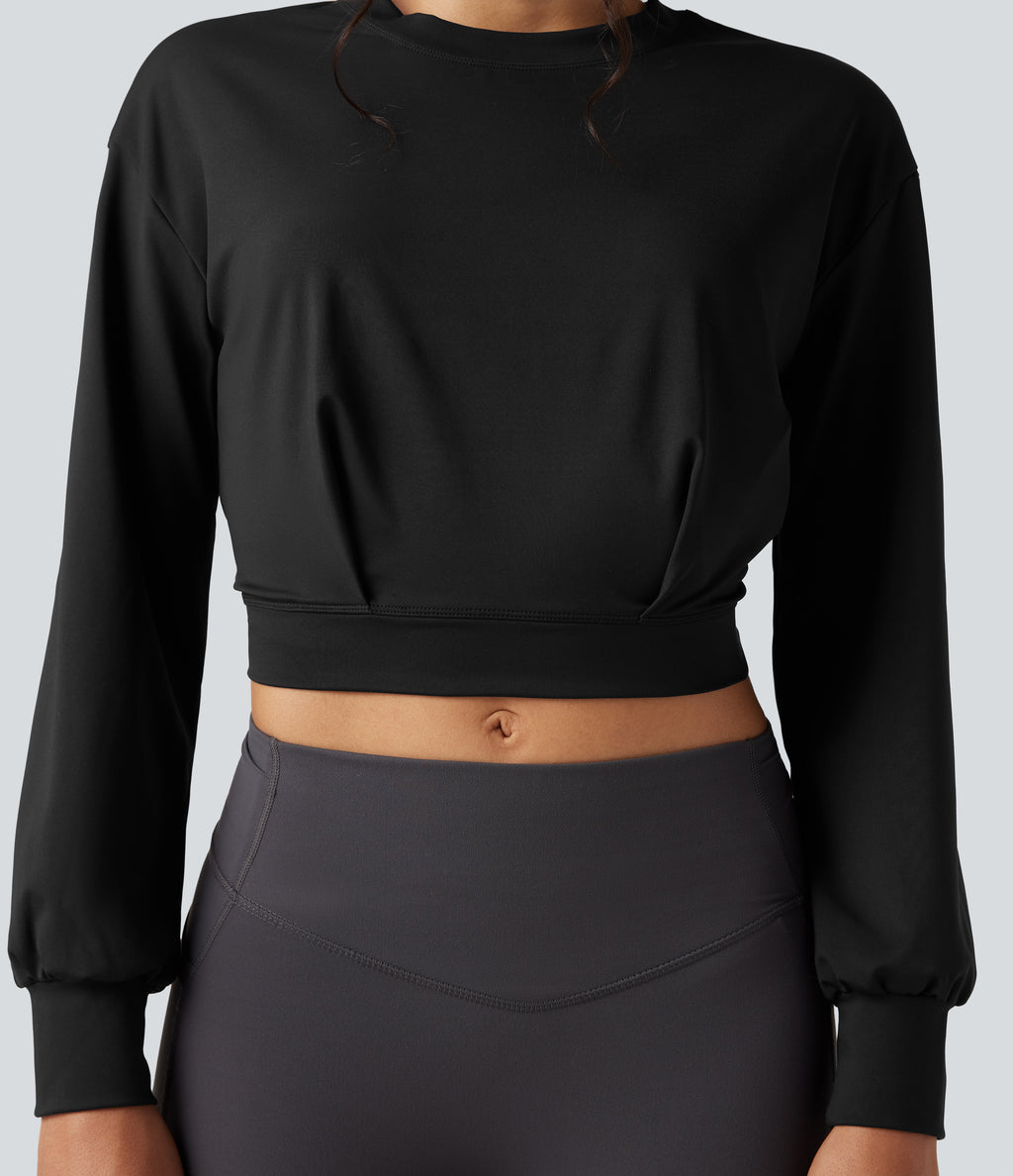 Round Neck Long Sleeve Cropped Yoga Top — Black — view 4