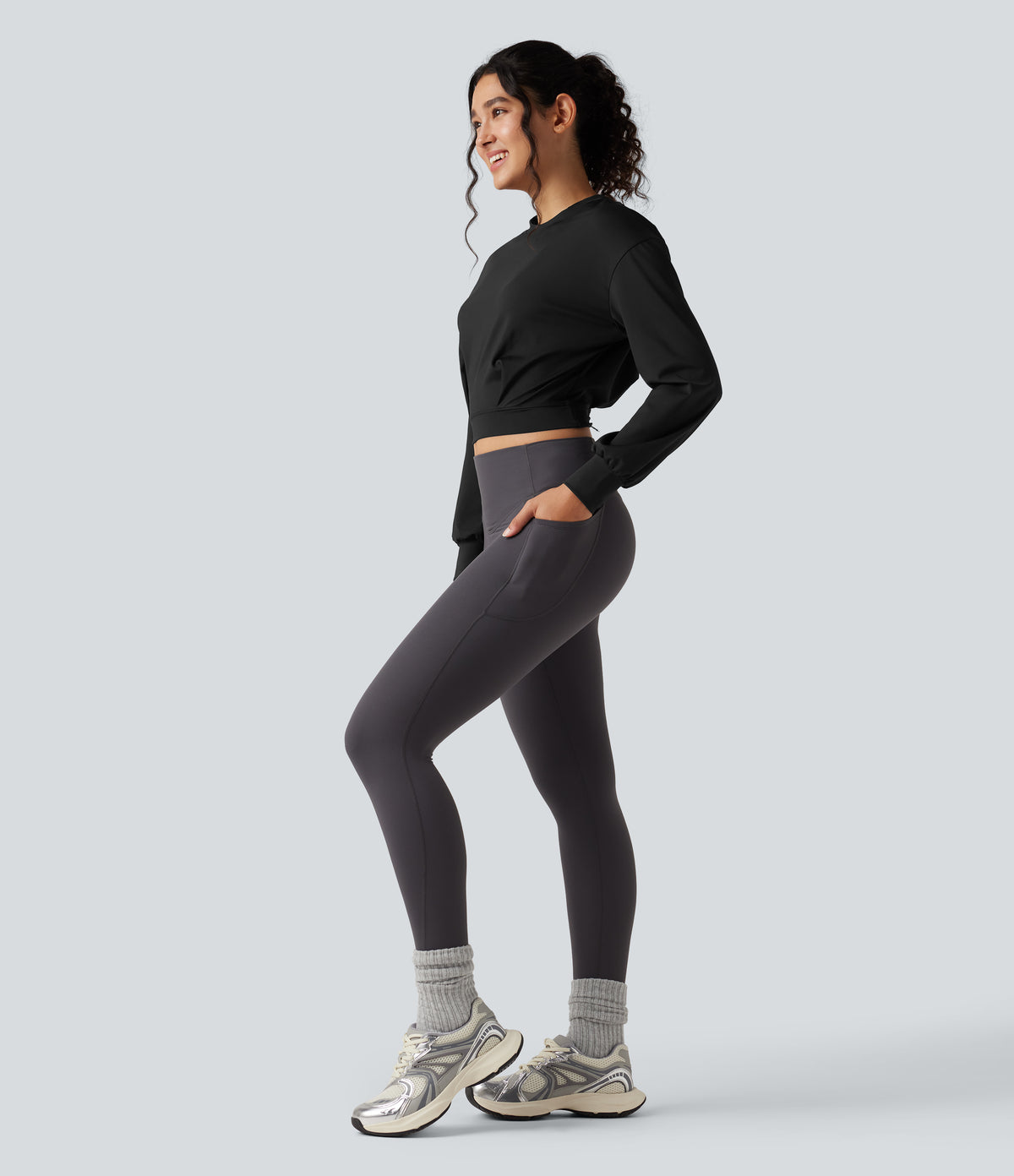 Round Neck Long Sleeve Cropped Yoga Top — Black — view 6