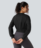 Round Neck Long Sleeve Cropped Yoga Top — Black — view 3