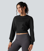 Round Neck Long Sleeve Cropped Yoga Top — Black — view 1