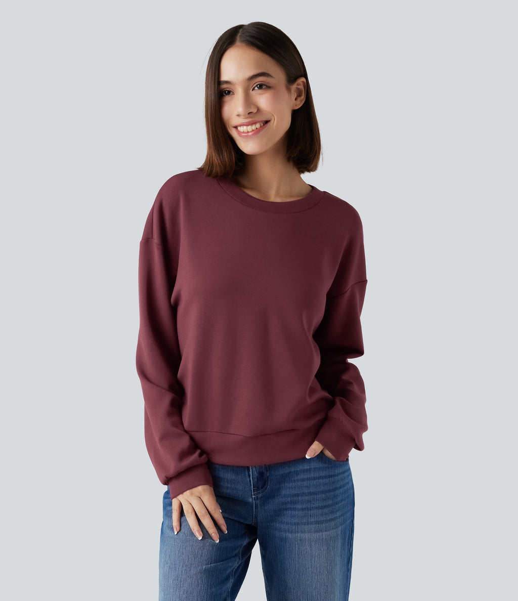 SpacerTek Round Neck Long Sleeve Twist-back Casual Sweatshirt — Oxblood Red — view 3