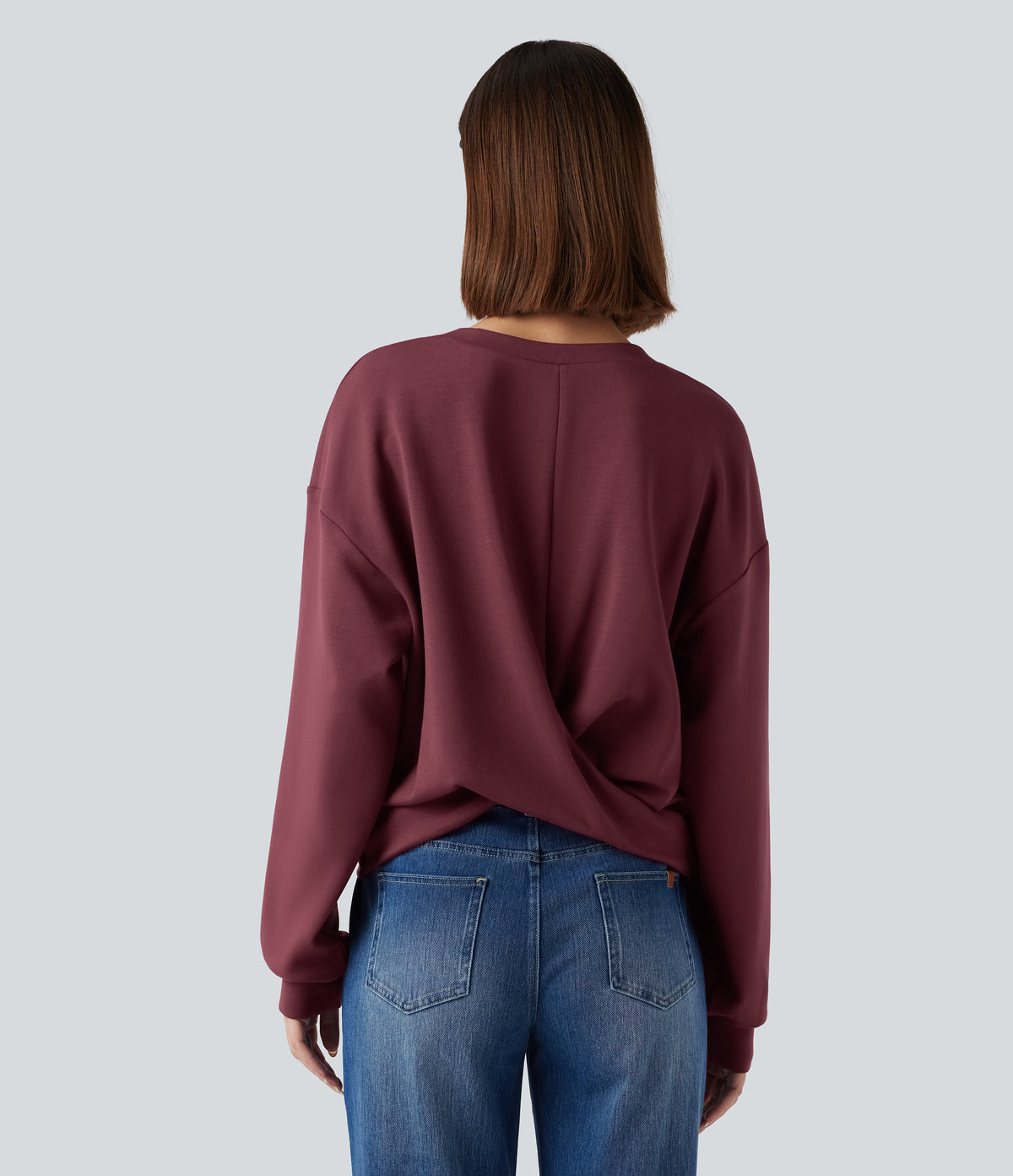 SpacerTek Round Neck Long Sleeve Twist-back Casual Sweatshirt — Oxblood Red — view 2
