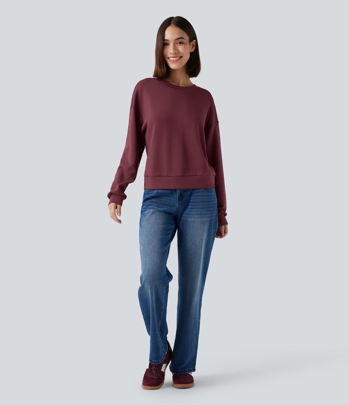 SpacerTek Round Neck Long Sleeve Twist-back Casual Sweatshirt — Oxblood Red — view 6