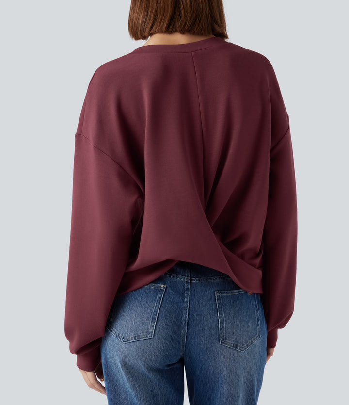 SpacerTek Round Neck Long Sleeve Twist-back Casual Sweatshirt — Oxblood Red — view 1