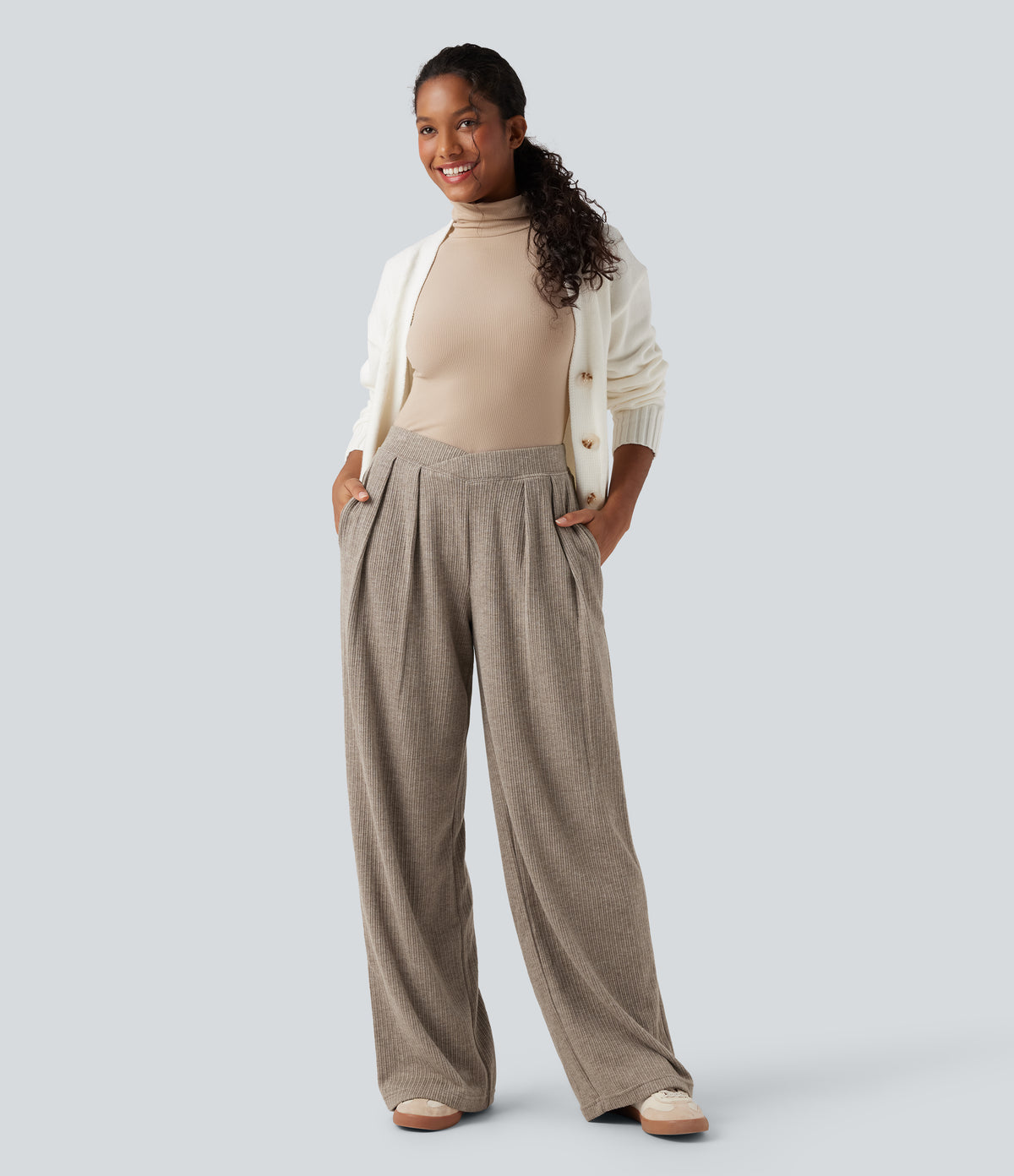 Ribbed High Waisted Crossover Straight Leg Casual Trousers with Pockets — Mocha Meringue — view 5