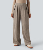 Ribbed High Waisted Crossover Straight Leg Casual Trousers with Pockets — Mocha Meringue — view 1