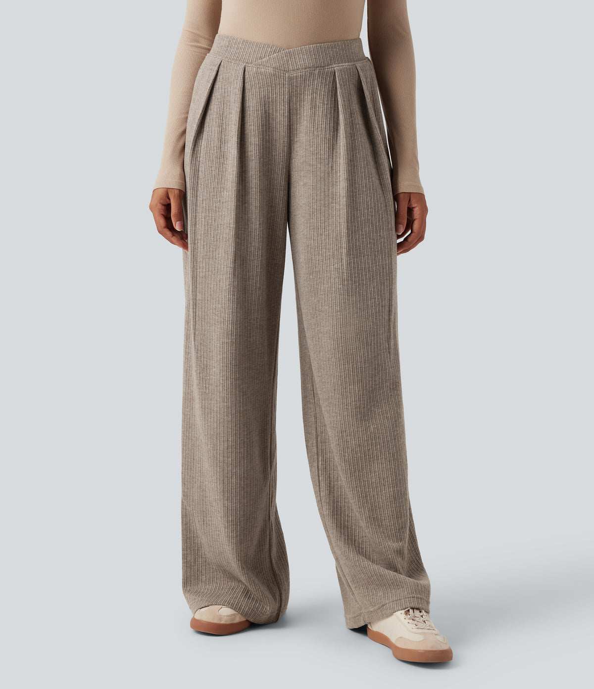 Ribbed High Waisted Crossover Straight Leg Casual Trousers with Pockets — Mocha Meringue — view 1