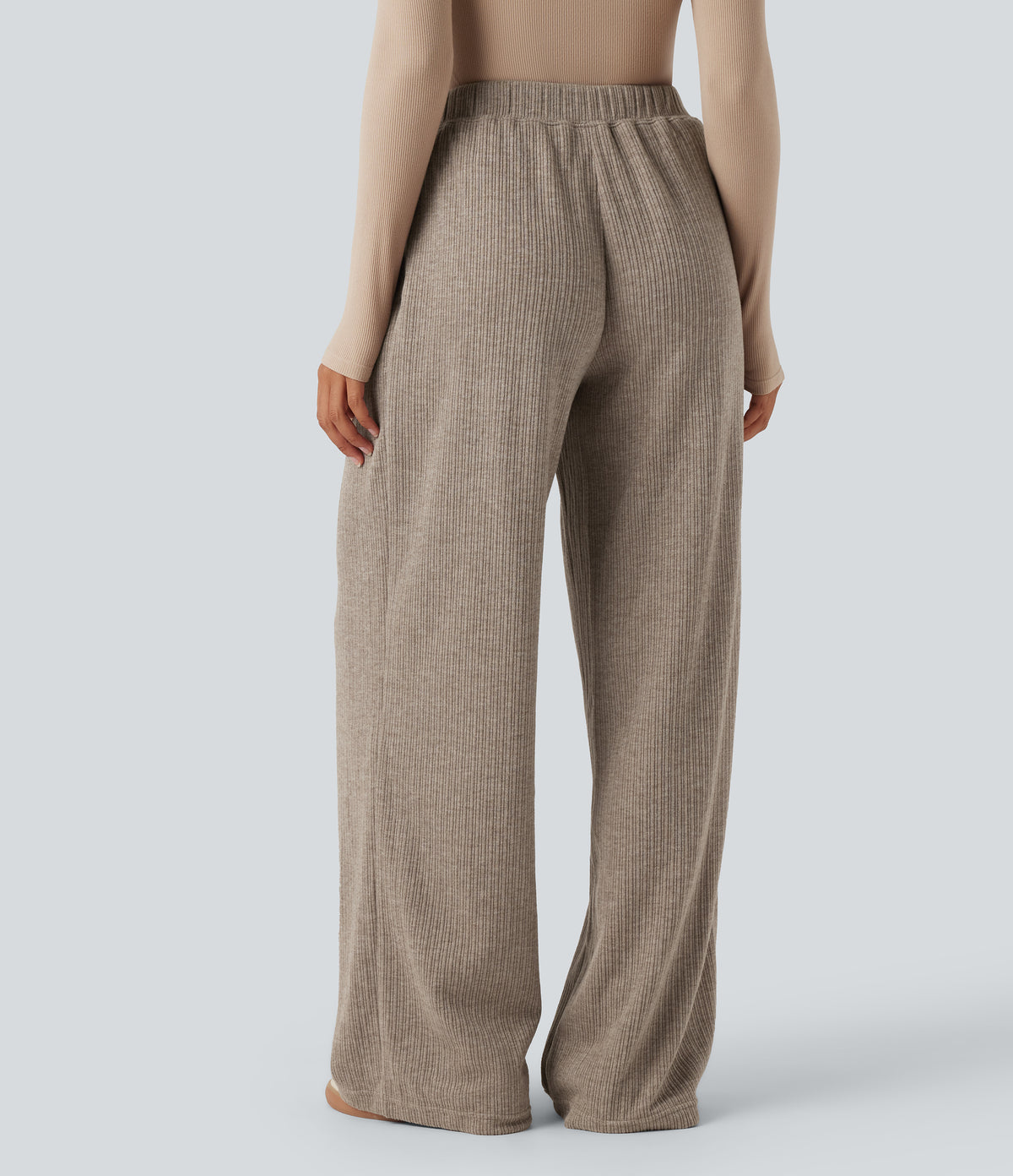 Ribbed High Waisted Crossover Straight Leg Casual Trousers with Pockets — Mocha Meringue — view 2