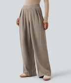 Ribbed High Waisted Crossover Straight Leg Casual Trousers with Pockets — Mocha Meringue — view 3