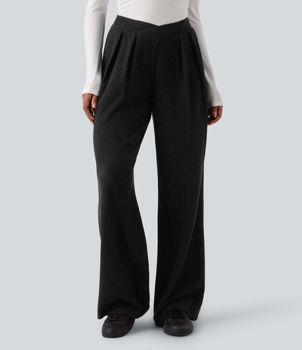 Ribbed High Waisted Crossover Straight Leg Casual Trousers with Pockets — Black — view 6