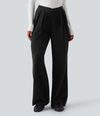 Ribbed High Waisted Crossover Straight Leg Casual Trousers with Pockets — Black — view 6