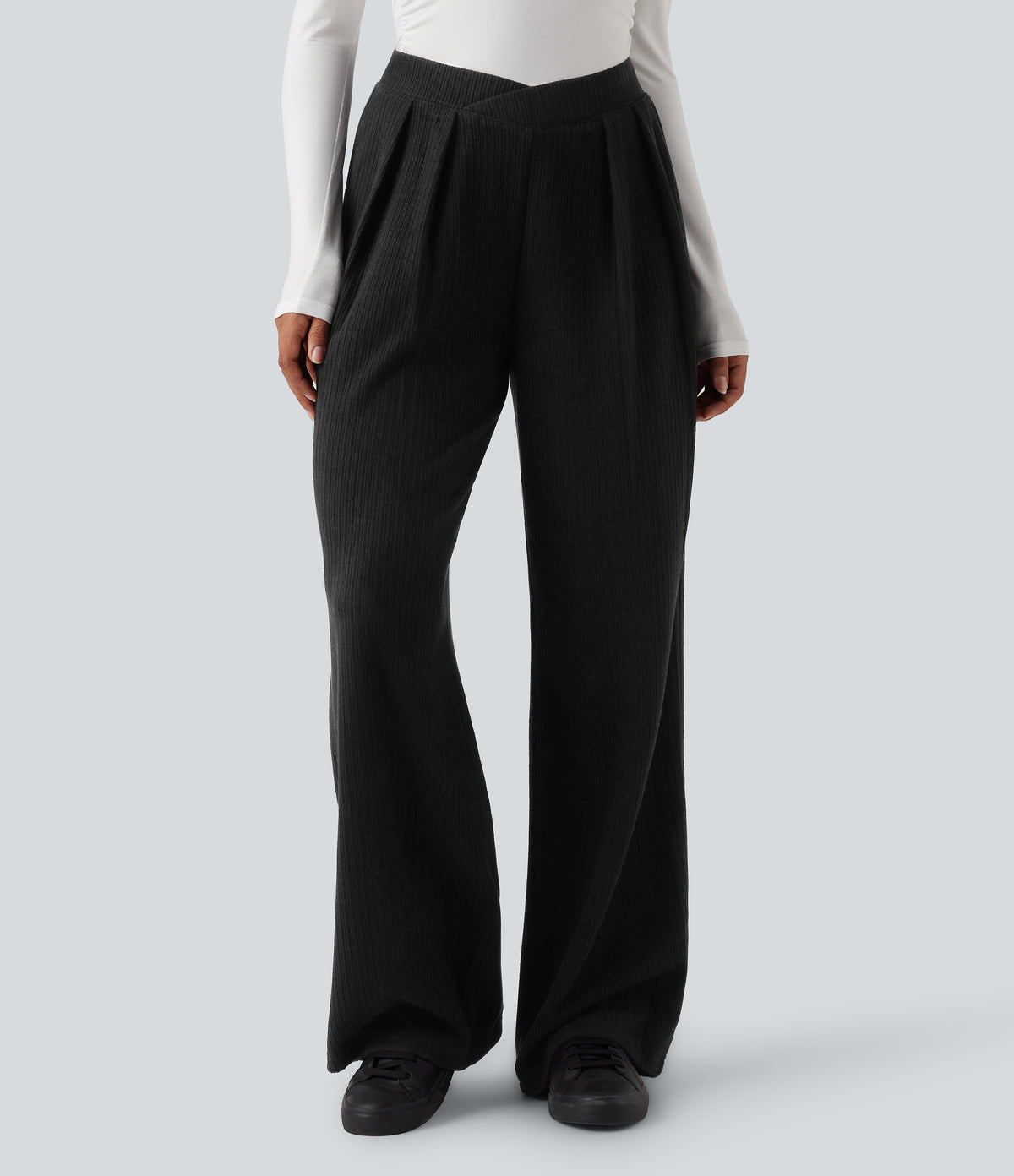 Ribbed High Waisted Crossover Straight Leg Casual Trousers with Pockets — Black — view 6