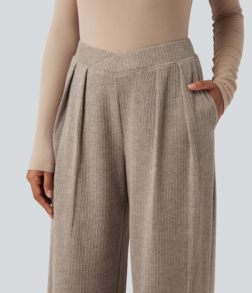 Ribbed High Waisted Crossover Straight Leg Casual Trousers with Pockets — Mocha Meringue — view 4