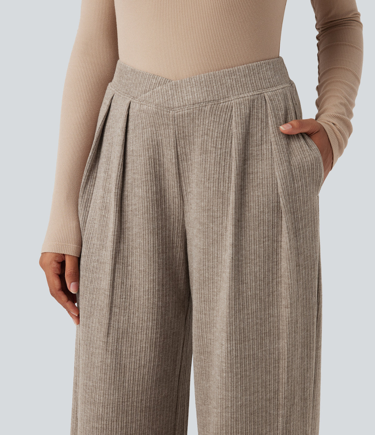 Ribbed High Waisted Crossover Straight Leg Casual Trousers with Pockets — Mocha Meringue — view 4