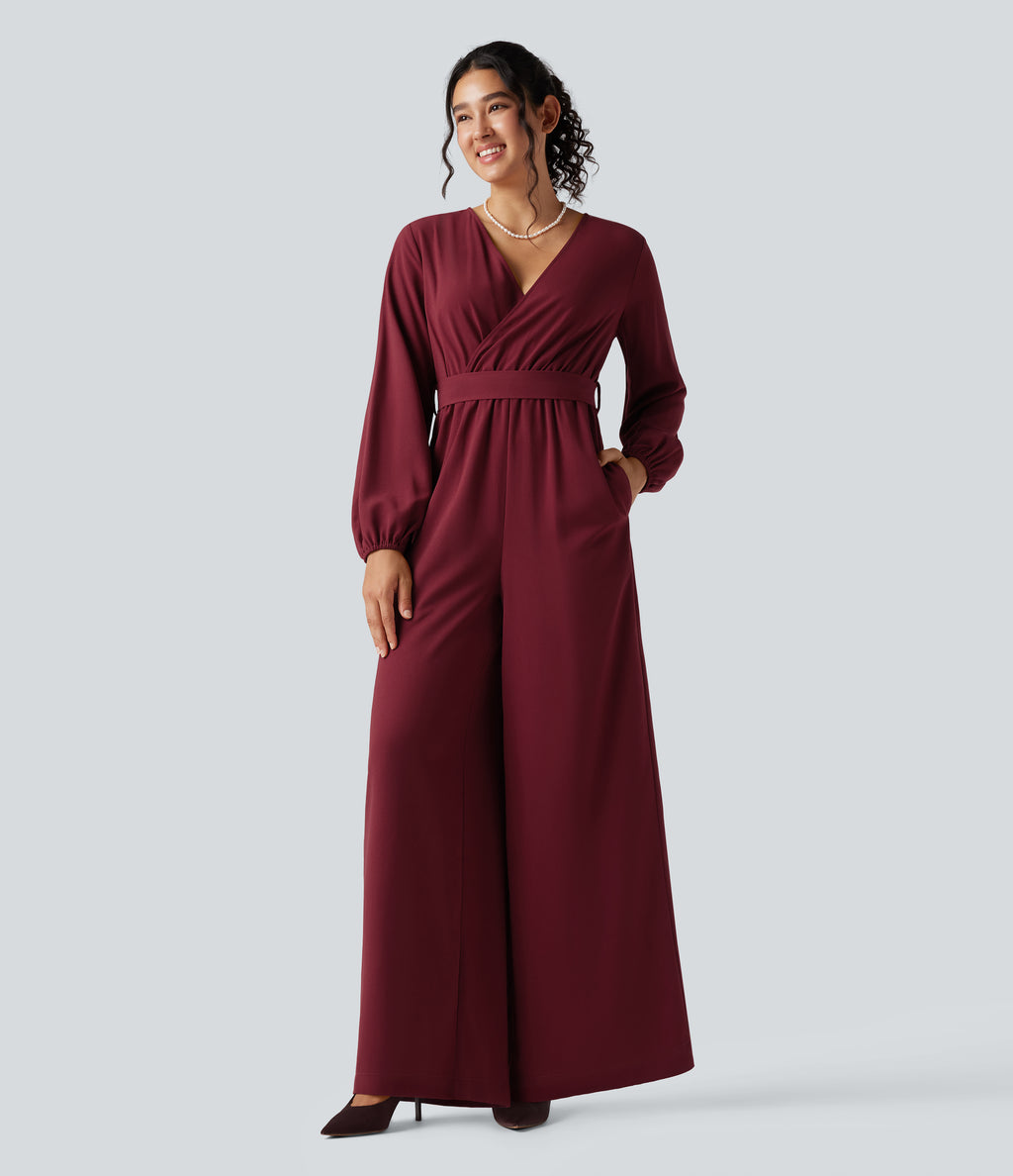 V-neck Puff Long Sleeve Belted Wide Leg Party Jumpsuit with Pockets — Cabernet — view 4