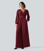 V-neck Puff Long Sleeve Belted Wide Leg Party Jumpsuit with Pockets — Cabernet — view 4