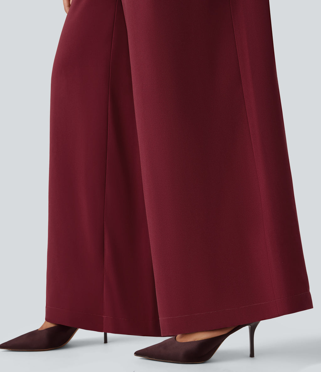 V-neck Puff Long Sleeve Belted Wide Leg Party Jumpsuit with Pockets — Cabernet — view 8